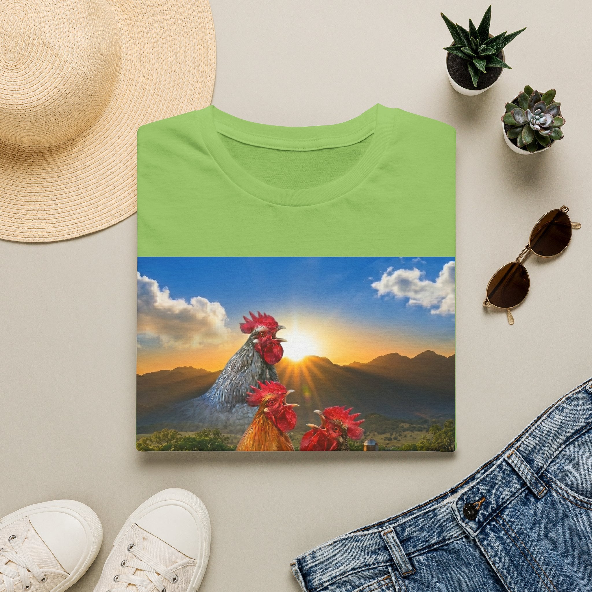 3 Rooster Sunrise Barn T-Shirt